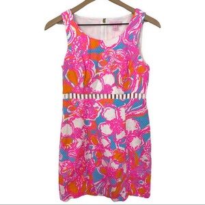 Lilly Pulitzer Bright Pink Blue Orange Floral Iggy Cutout Waist Shift Dress